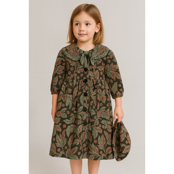 Vintage Floral Tapestry Dress & Bonnet Girls 6 Jacquard Fall Holiday Cottagecore - Picture 1 of 11